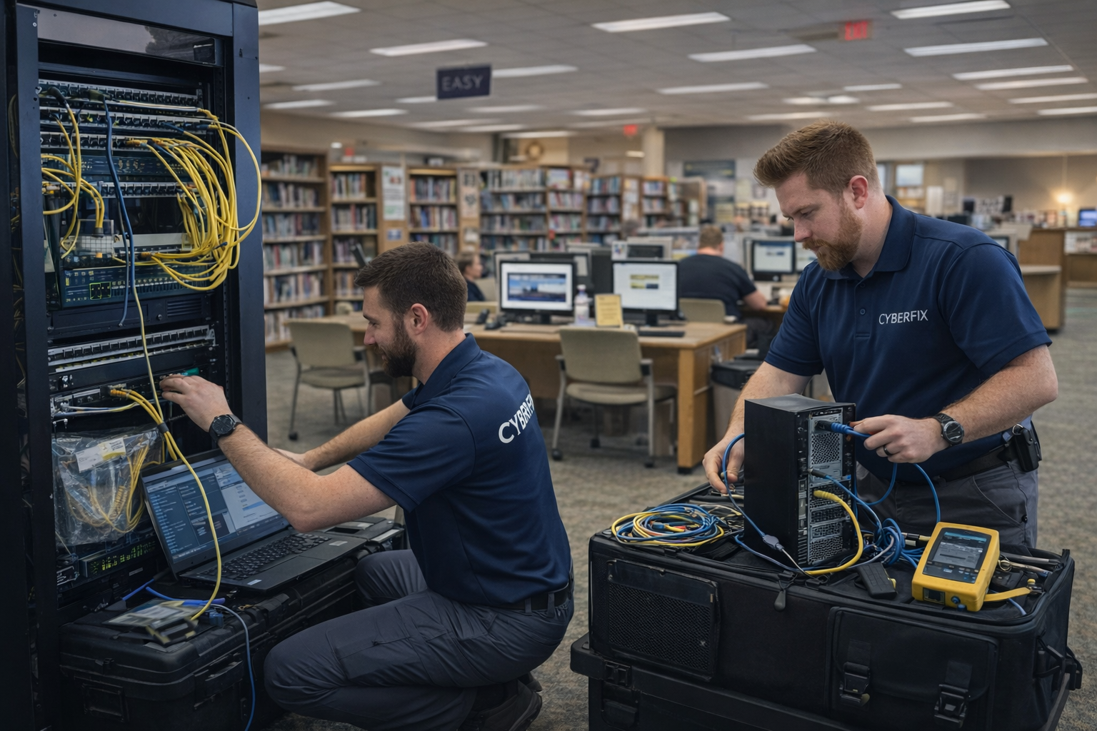 Cyberfix technicians performing IT and network support inside a public library